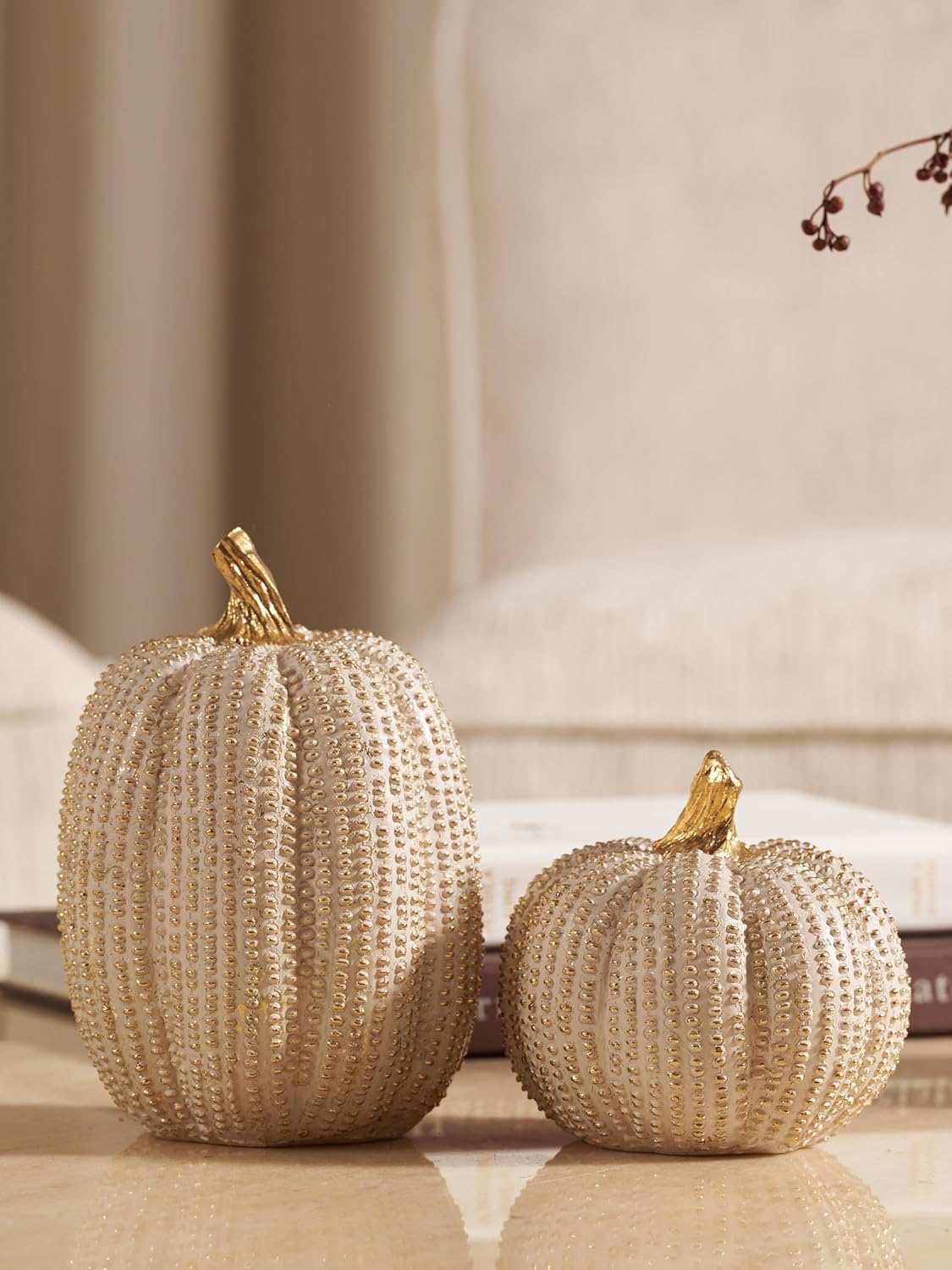 Fall Thanksgiving Pumpkin Decor Figurines, 2 PCS Fake Pumpkin Statues for Tabletop Decorating, White and Gold Resin Pumpkins for Autumn Harvest Luxury Fall Home Decor, Farmhouse, Gift Package