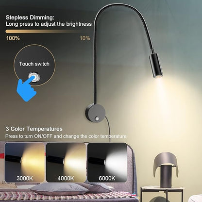 Wall Mounted LED Reading Light with 15" Flexible Gooseneck, Dimmable Book Light for Reading In Bed with USB Charging Port, Plug In Headboard Night Lights, 3 Colors Temperature, Touch Control-2 Pack