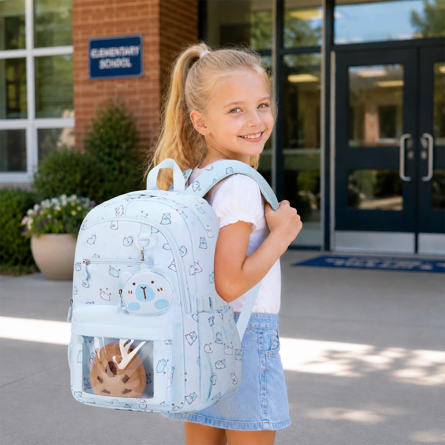Similove Capybara Theme Backpack for School Girls, 35PCS Kids Backpack Set with School Supplies Stationery Kit Lunch Box Pencil Case, Cute Girls Bookbag for Kindergarten Elementary Student