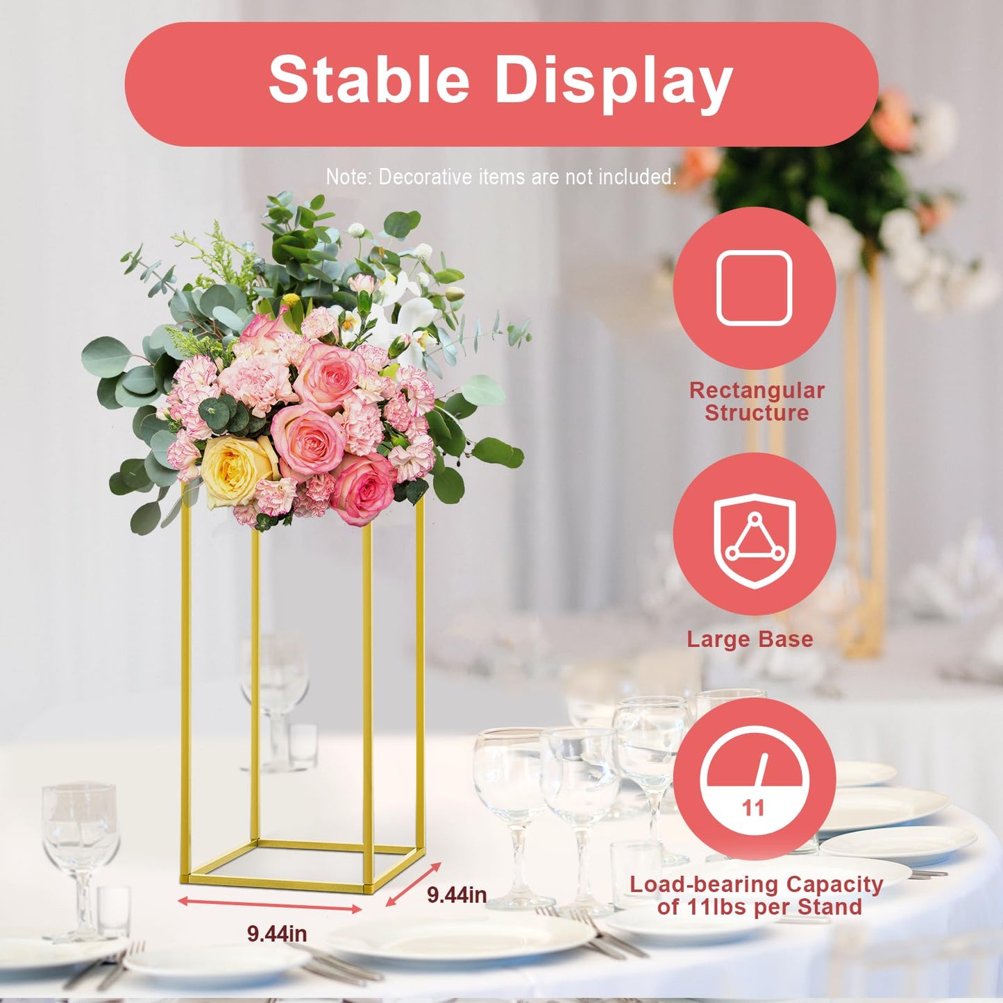 10 Pcs Gold Wedding Vases Centerpiece Stand, 23'' Party Table Centerpieces Metal Column Flower Stands Giant Flowers Decoration Metal Floor Column Geometric Rack for Weddings Birthday Party Decoration