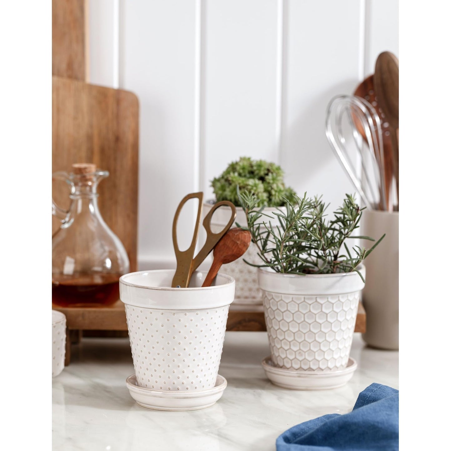 MIKIGEY Ceramic Succulent Pots with Drainage Hole & Saucer, 4 Inch Small Plant Pots, Ceramic Planter for Indoor Plants, Embossed Flower Pots, Home Decor, Set of 4, Off-White