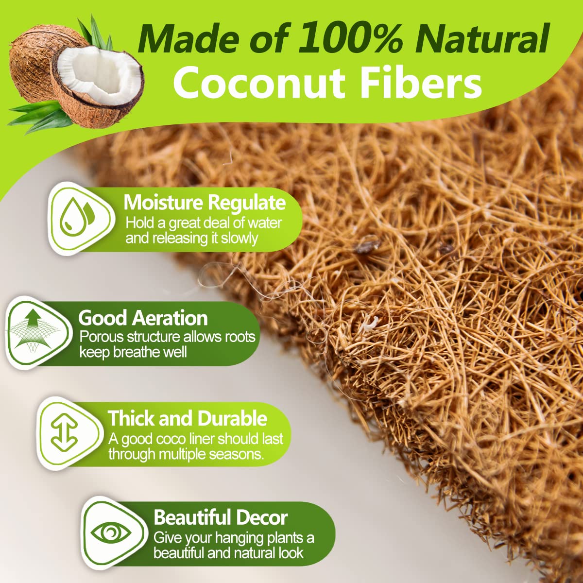 TigeJoy Coco Coir Liners for Hanging Baskets 12inch 4PCS, 100% Natural Coco Fiber Planter Insert, Round Thick Coconut Liners for Garden Plants Flower Vegetable Pot Flowerpot Replacement Liner