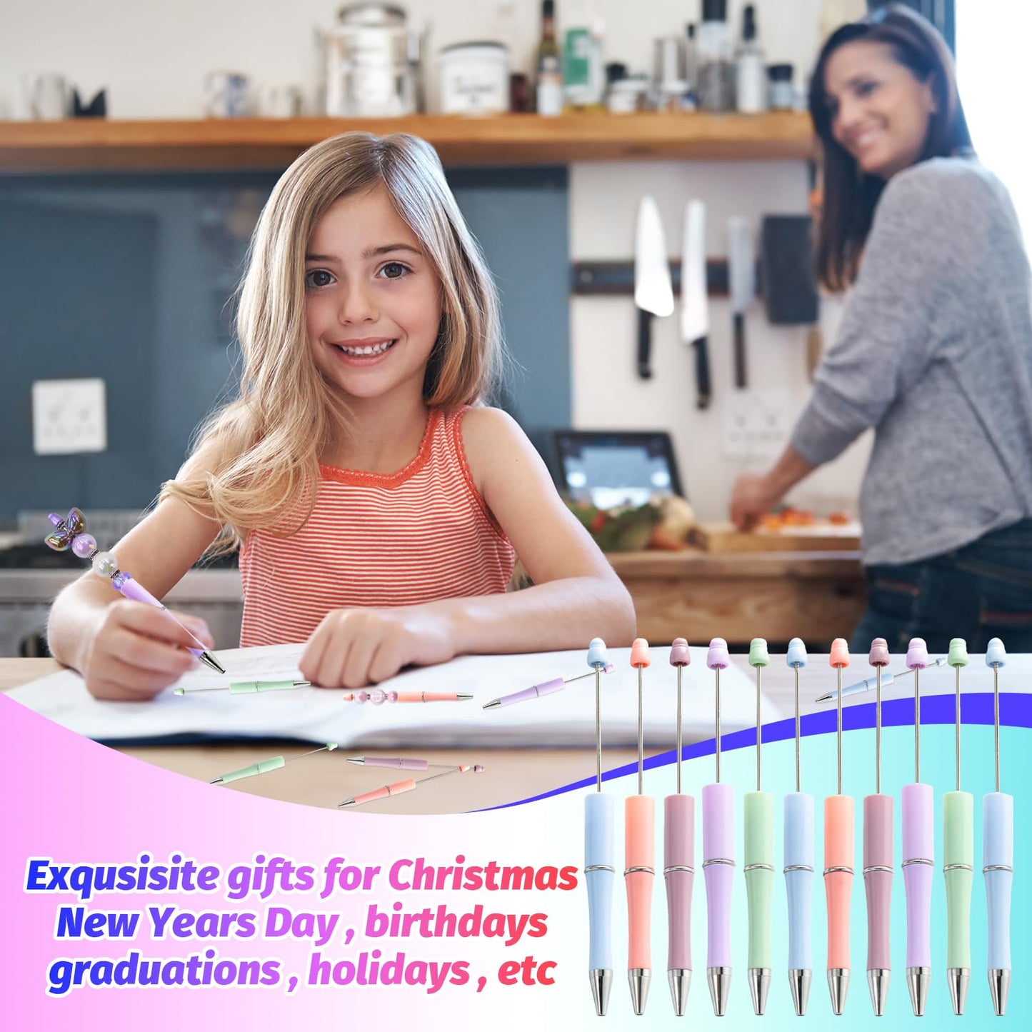 DASTTUIS 150 Pieces DIY Beadable Pen Kit – 50 Plastic Ballpoint Pens with Refills & Bags – School Supplies, Office Accessories & Decorative Items for Students & Teachers (Pastel)