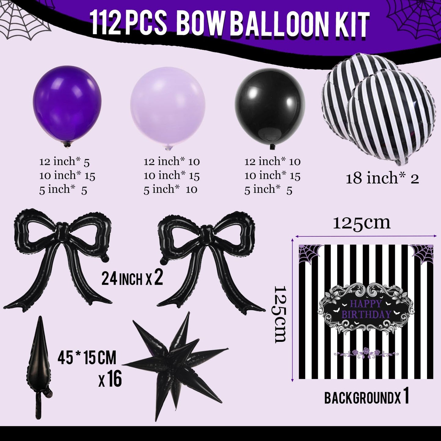 Purple Black Balloon Arch Garland Kit with Bow Star Mylar balloons and Gothic Birthday Backdrop Black white striped balloons for Gothic Girl TV Drama Decorations Spooky Halloween k pop Party Supplies