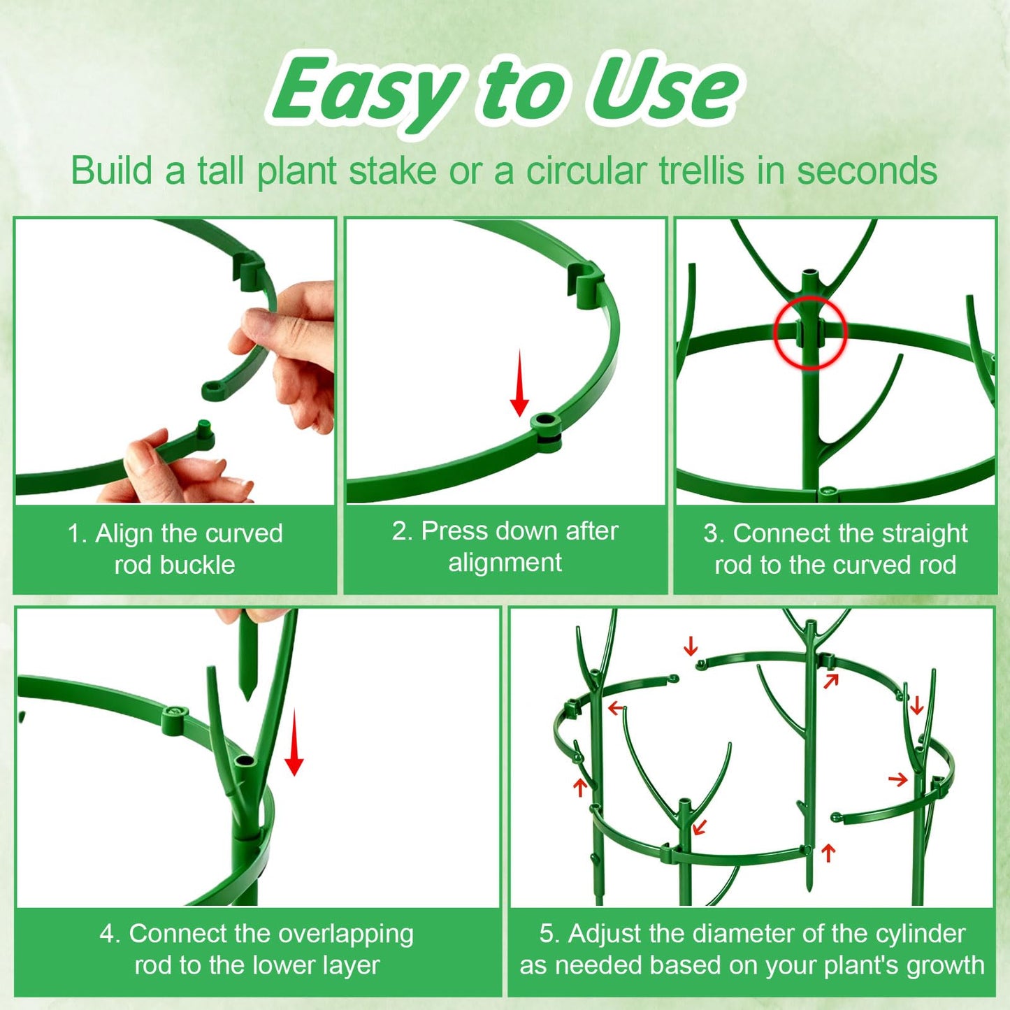 MXCOIRTP 10 Pack Stackable Plant Support Stakes & Adjustable Circular Trellis, Garden Trellis for Climbing Plants Indoor and Outdoor Use, Garden Accessories for Monstera, Pothos, Tomato