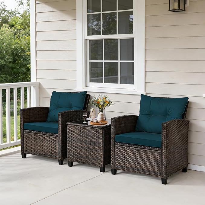 COSTWAY 3PCS Patio Furniture Set, PE Rattan Wicker Sofa w/Washable Cushion and