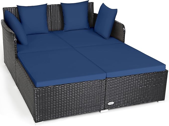 COSTWAY Outdoor Patio Rattan Daybed, Sponge Cushioned Loveseat Sofa
