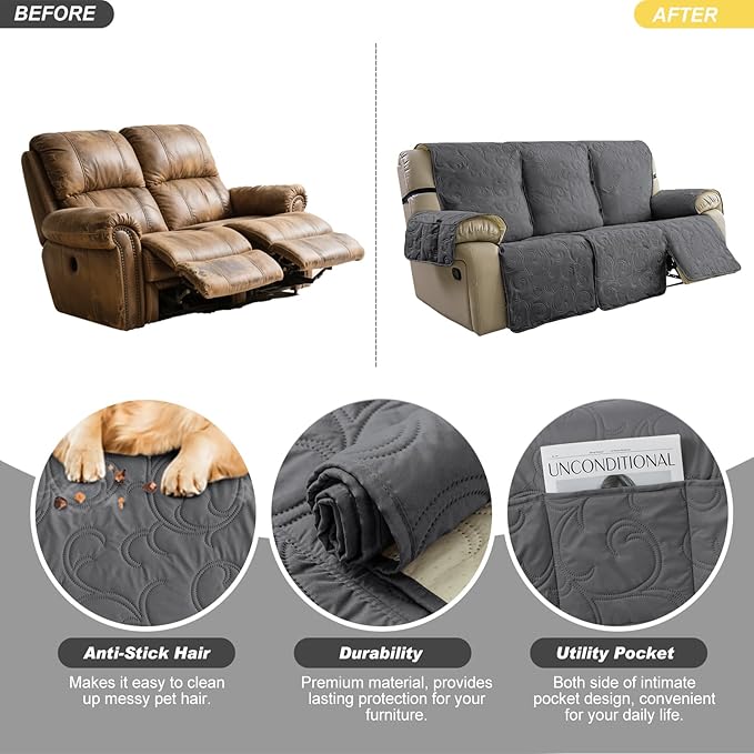 100% Waterproof Recliner Sofa Covers 3 Seater, 6-Piece Split Non-Slip Reclining