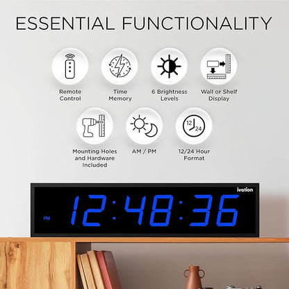 Ivation Oversized Large Digital Wall Clock - Big LED Digital Clock w/Large Display & Durable Aluminum Frame, Shelf or Wall Mount (36 Inch - Blue) 6 Brightness Levels | Time Memory | Remote
