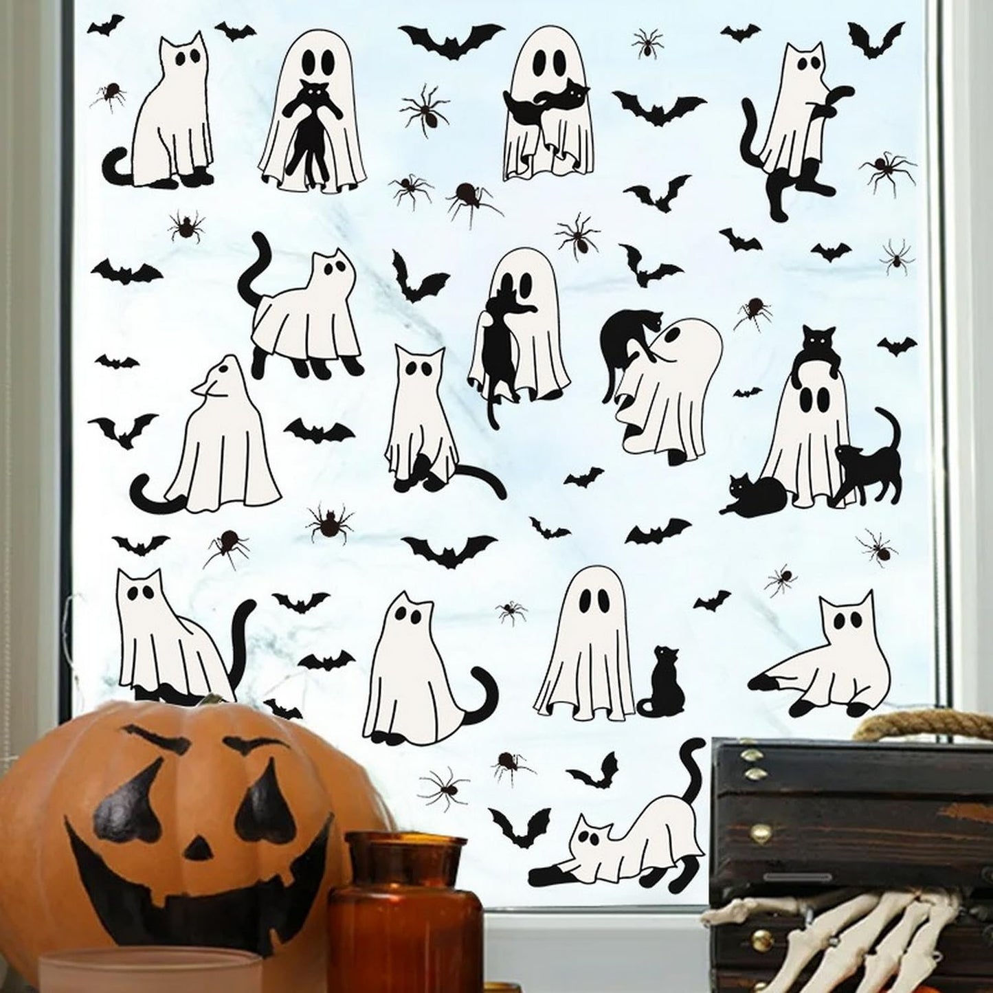 6 Sheets Halloween Window Clings Ghost Window Stickers Halloween Cute Black Cat Bat Designs Double-Side Glass Decals for Home Office Party Favor Windows Glass Decoration Supplies