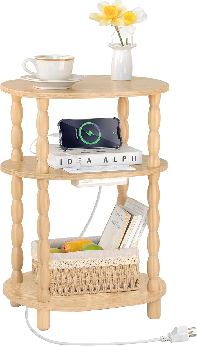MaxSmeo End Table with Charging Station, Small Oval Side Table