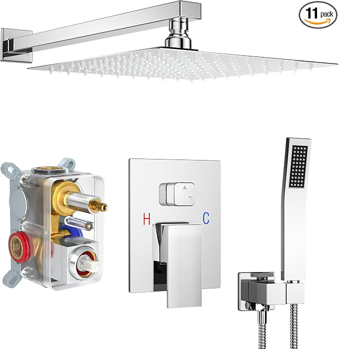 Polished Chrome Shower System with 12-Inch Rain Showerhead and Handheld | Innovative air-injection technology for low pressure, high-flow rate up to 3.22 GPM ensuring powerful consistent stream