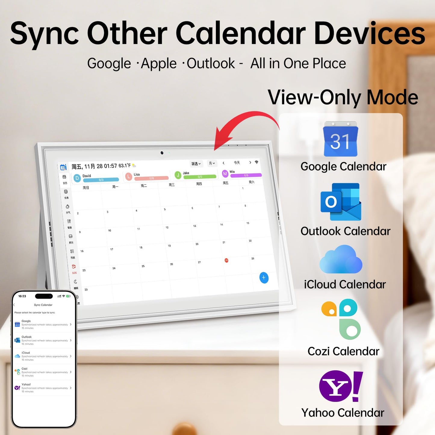 Smart Digital Calendar: 15.6-Inch Electronic Wall Calendars & Chore Chart, Full HD Interactive Touchscreen Display for Family Schedules Planner,Seamless Scheduling/Organizing-Wall/Desk Mountable