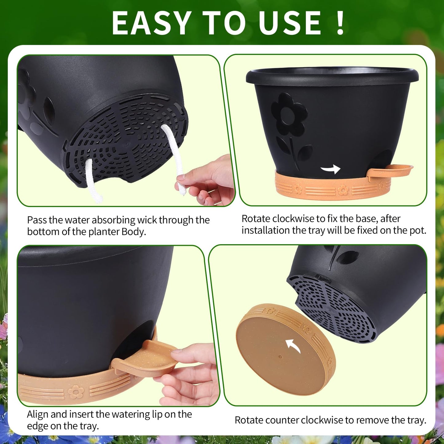 XMPBFYH Plant Pots, Flower Pots for Indoor/Outdoor Plants, Self Watering Plastic Planters Pots with Drainage Holes, Saucer & Reservoir, Decorative Nursery Planting Pots(10 Inch Set of 4) (Black)