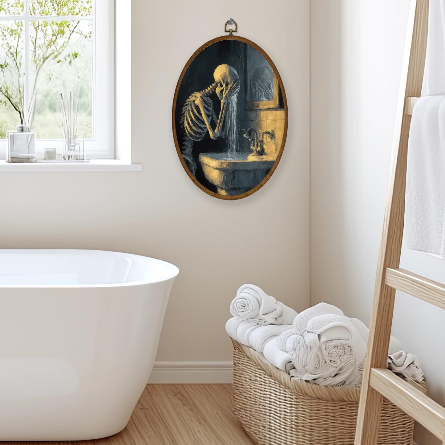 WULQYING Funny Halloween Skeleton Bathroom Wall Art Decor, Gothic Skeleton Oval Framed Canvas Art Prints, Spooky Halloween Wall Hanging Decor for Bathroom Washroom Restroom Toilet, 8.6x11.4 Inches
