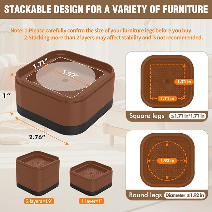 8 Pack Furniture Risers Adjustable Bed Risers Heavy Duty Lifts Height 1 or 2