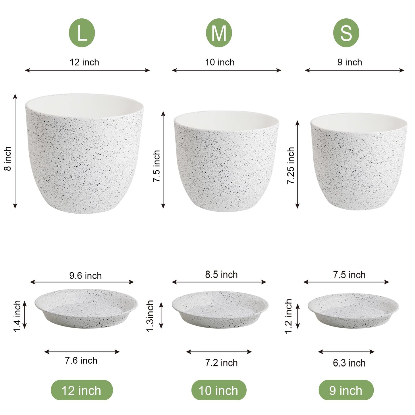WSMKSZ Large Flower Pots 12/10/9 inch, Set of 3 Modern Decorative Plastic Planters with Drainage Holes and Saucers for Garden House Plants, Plant Pots for Indoor Outdoor Plants, Speckled White