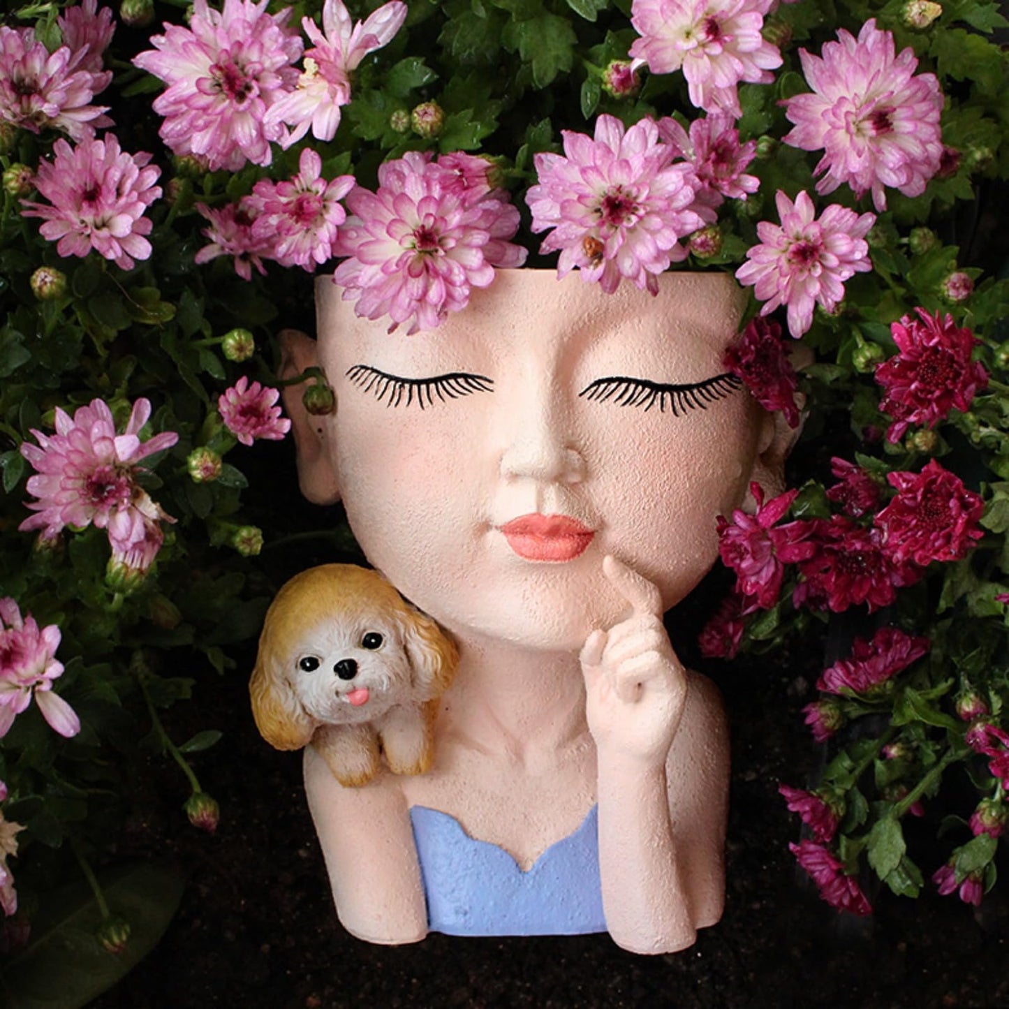 Face Planters Pots Cute Closed Eyes Girl and Dog Succulent Planter Unique Head Planter for Outdoor Indoor Planter Female Bust Vase - with Drainage Hole