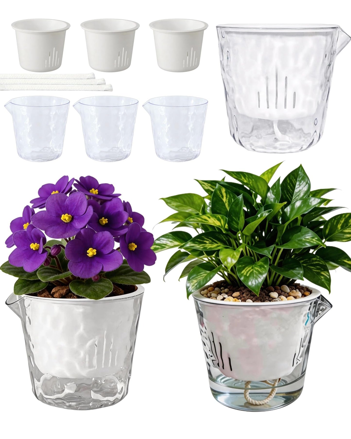 BovcTrraann 3-Pack Clear Self Watering Plant Pots, 5 Inch Clear Flower Pots with Drainage Holes, Tray and Rope, Plastic Self Watering Planters for Indoor Outdoor Garden Plants, African Violet, Herbs