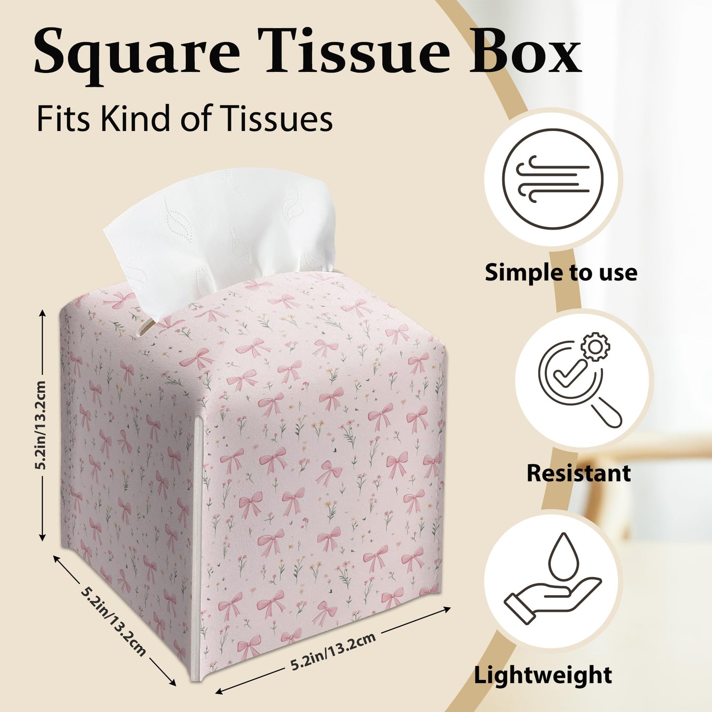 Pink Bows With Ditsy Flowers Tissue Box Cover, Girly Cute Floral Prints Tissue Box Cover Square-Waterproof Leather, Desktop Decor for Kitchen, Bathroom, Nightstand, Office, Gift for Women & Friend-A24