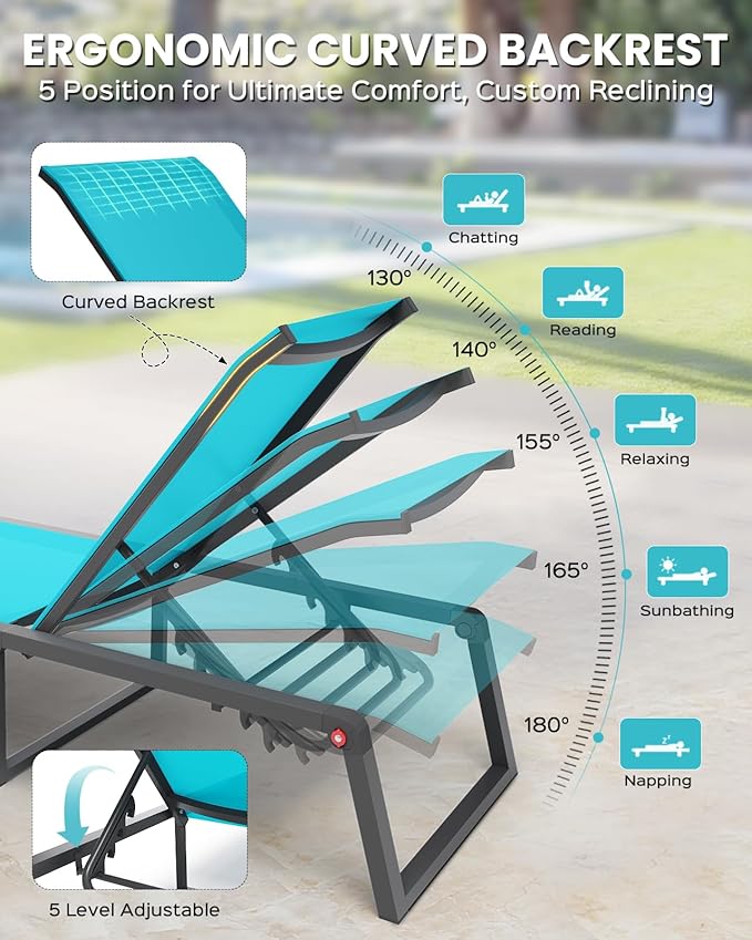Aluminum Chaise Lounge Chair Outdoor, Foldable& No Assembly Patio Pool Lounge