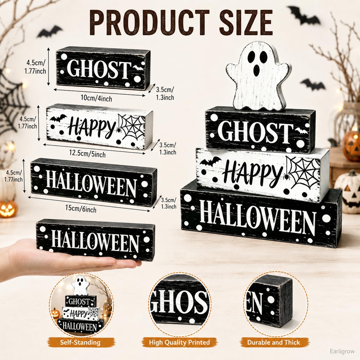4 Pcs Ghost Halloween Decor Rustic Black and White Polka Dot Wooden Tiered Tray Block Signs Farmhouse Spooky Halloween Table Centerpiece Decor for Home Kitchen Shelf Coffee Bar