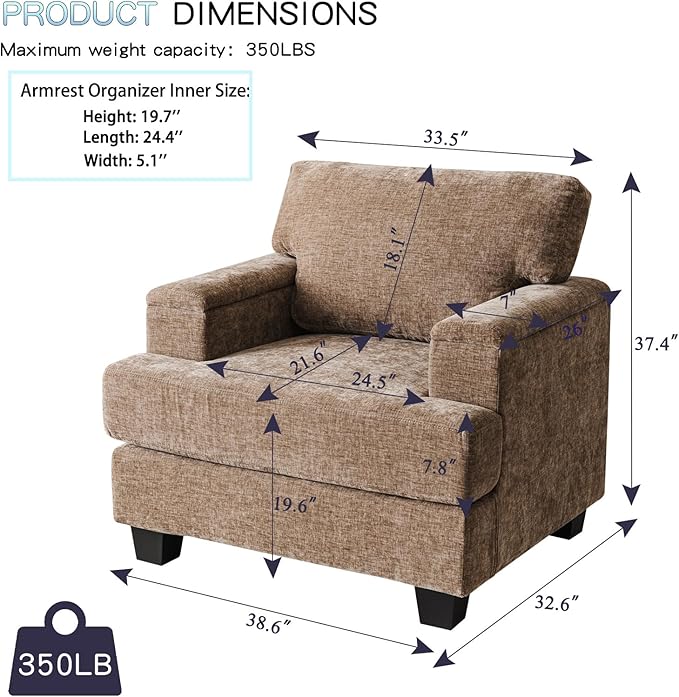 Oversized Accent Chair with Armrest Organizer, Living Room Chairs with 7.8''