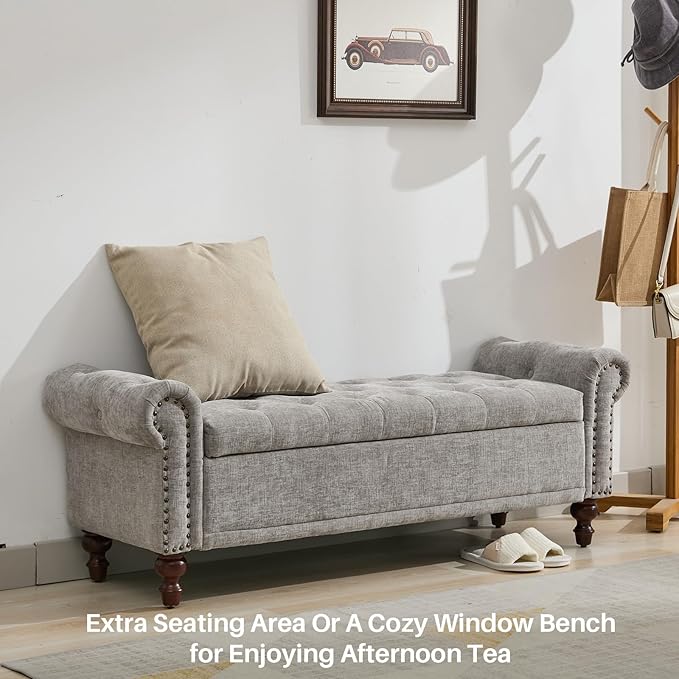 SOFTHION 58.1" Storage Bench Upholstered Chenille End of Bedroom Bed Bench