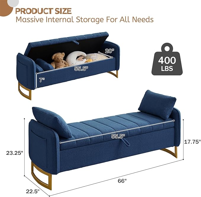 66'' King Size Storage Bench for Bedroom, Teddy Boucle End of Bed Benches for