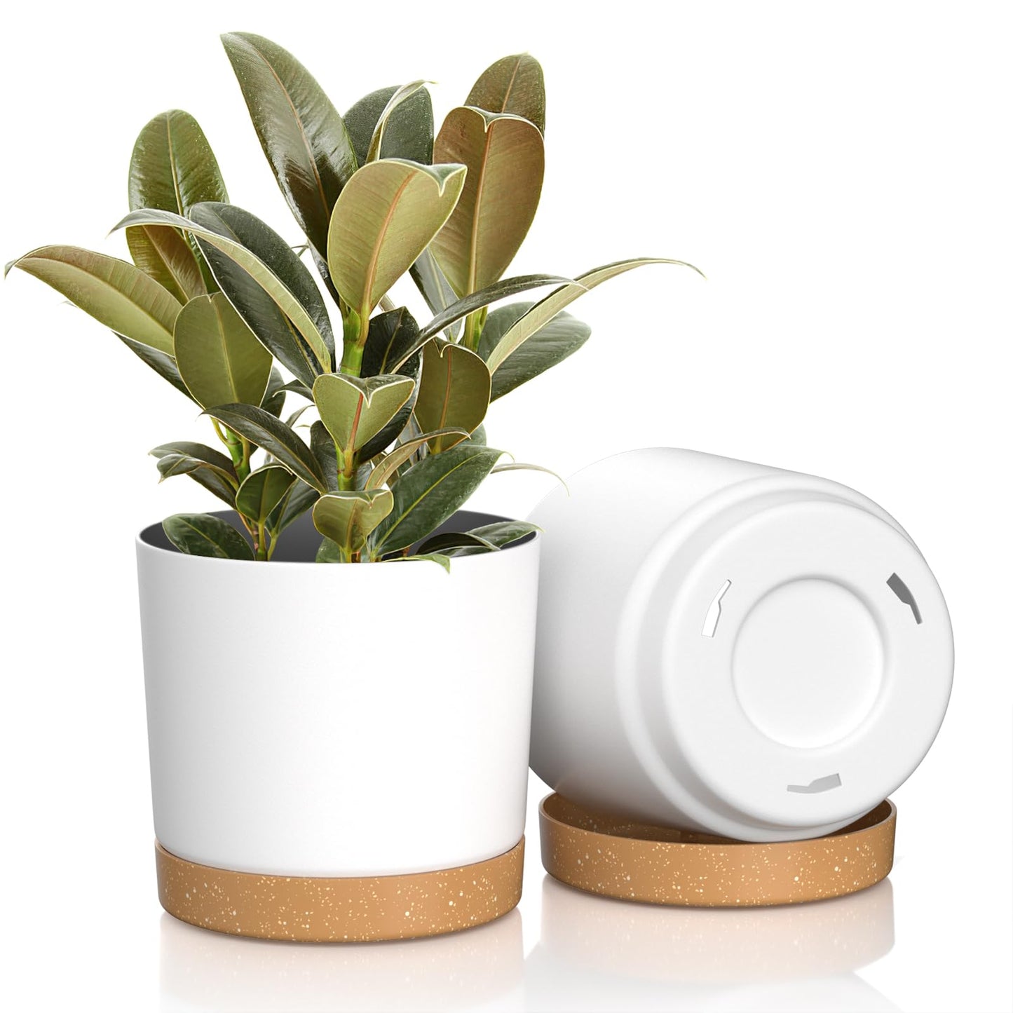 FIASON 8 inch Plant Pots, Plastic Planter with Drainage Hole and Saucer, A Set of 2 Flower Pots for Indoor, Outdoor, House Plants, Succulents, Flowers (White)