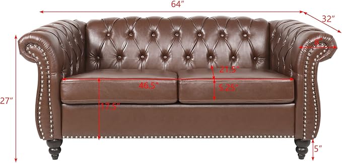LEVNARY Leather Sofa, Chesterfield Tufted Upholstered 2 Seater Couch, Modern