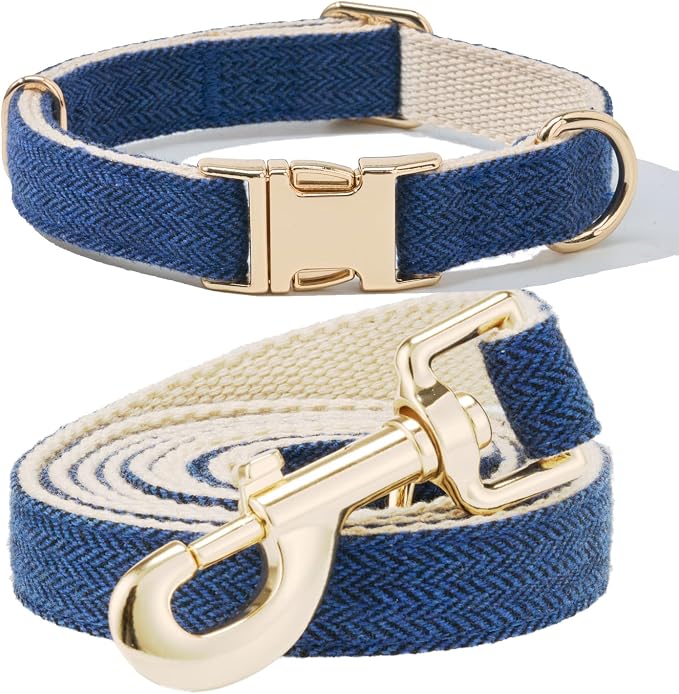Luxury Soft Cotton Tweed Fabric Dog Collar & Leash Set with Gold Buckle – Durable Fabric, Stylish Design for Everyday Walks(Large Navy)