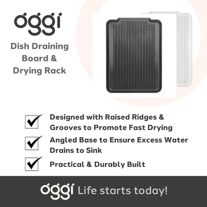 Oggi Dish Drain Board & Drying Rack Tray for Kitchen - Ideal Rigid Drainboard, Plate & Glass Drainer Tray, Dish Drain Boards for Kitchen Counter, 12.75 x 17.25 - Black