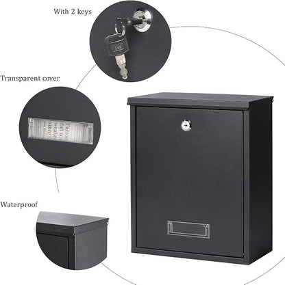 Jssmst Locking Mailbox Wall Mount Key Lock Drop Box Large Capacity with Galvanized Steel Cover and Rust-Proof Metal Post Box, Black Matt, SM-0702LK,Medium