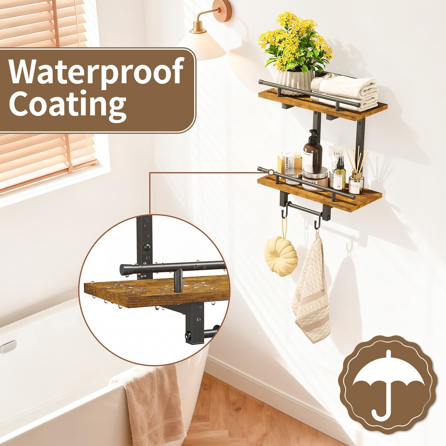 LASZOLA 2Pcs Wall Mount Plant Shelves with 4 Hangers for Indoor, Heavy Duty Metal and Wood Window 2 Tier Floating Flower Holders Stand for Kitchen Bathroom, Modern Display Bracket Rack, Rustic Brown