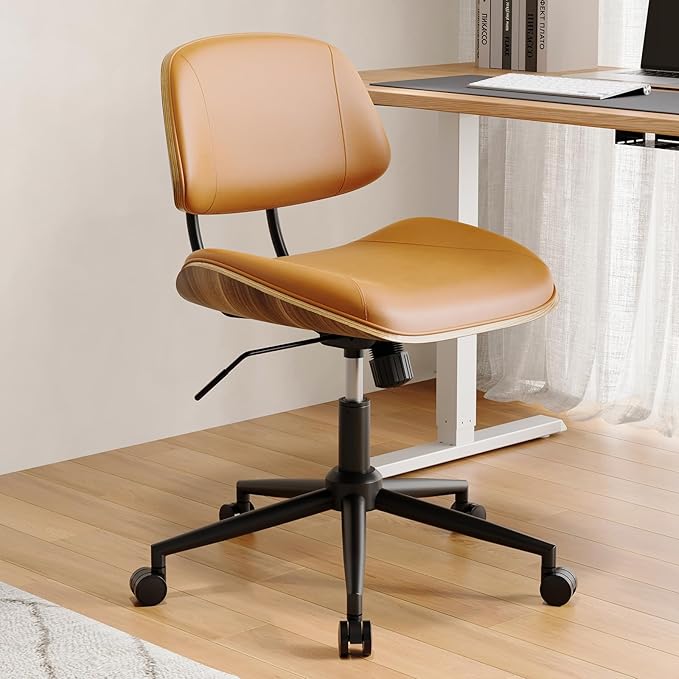 Armless Office Chair with Wheels, PU Leather Adjustable Height Desk Chair