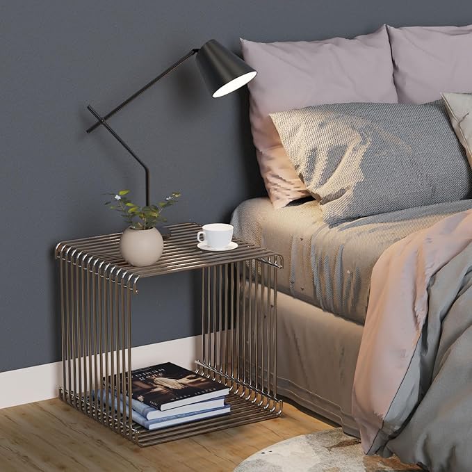 Square Geometry Retro Side Table Prime-Stainless Steel Linear Metal End Table