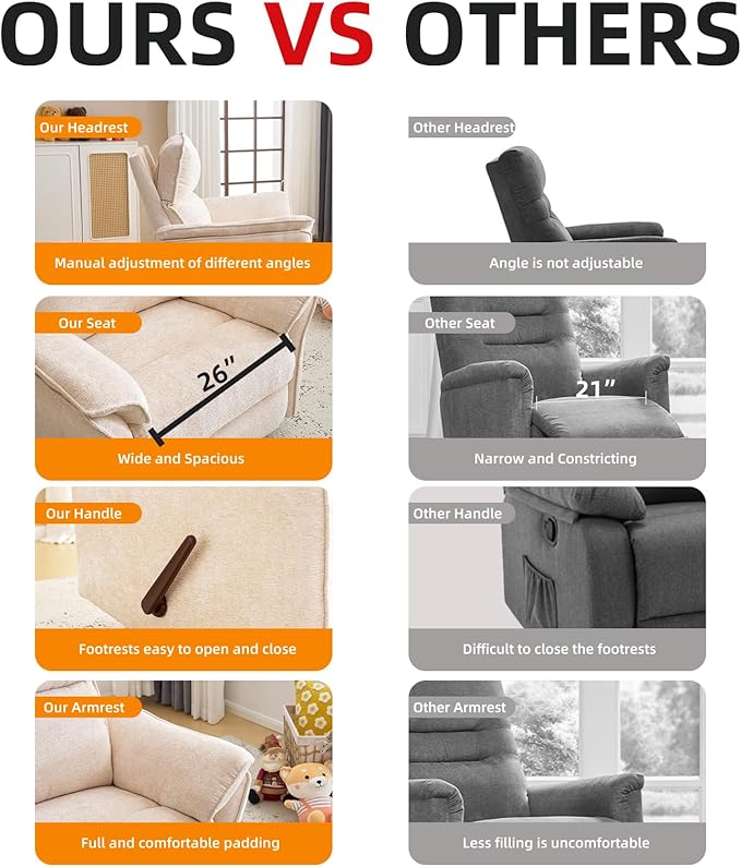 Oversized Recliner Chair, Chenille Glider Rocking Nursery Chair