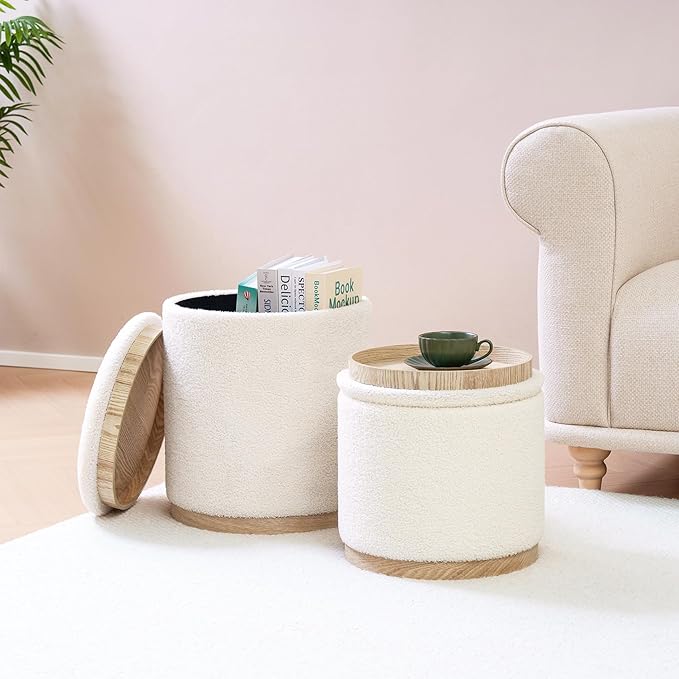 PINPLUS Round Ottoman with Storage Set of 2, Vanity Stool with Tray Storage