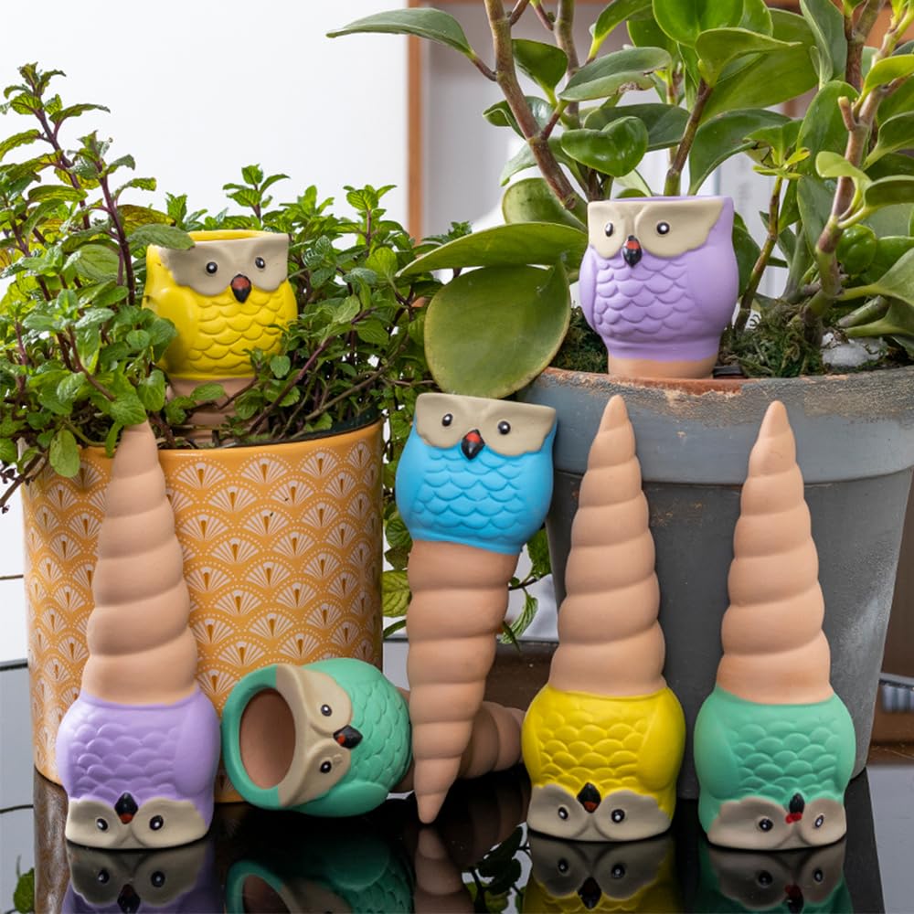 4 Pack Terracotta Watering Spikes, Vacation Self-Watering Planters Devices - Continuous Moisture with Slow Release Watering System - Perfect for Indoor Outdoor Plants (Owl Shape)