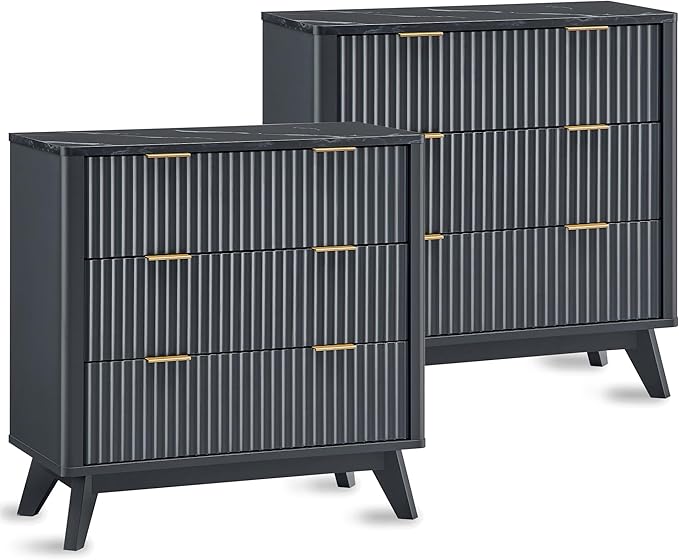 T4TREAM Fluted 3 Drawers Nightstand Set of 2, Oversized Extra Large Modern Side