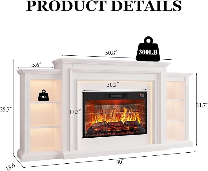 80" LED Lights Electric Fireplace