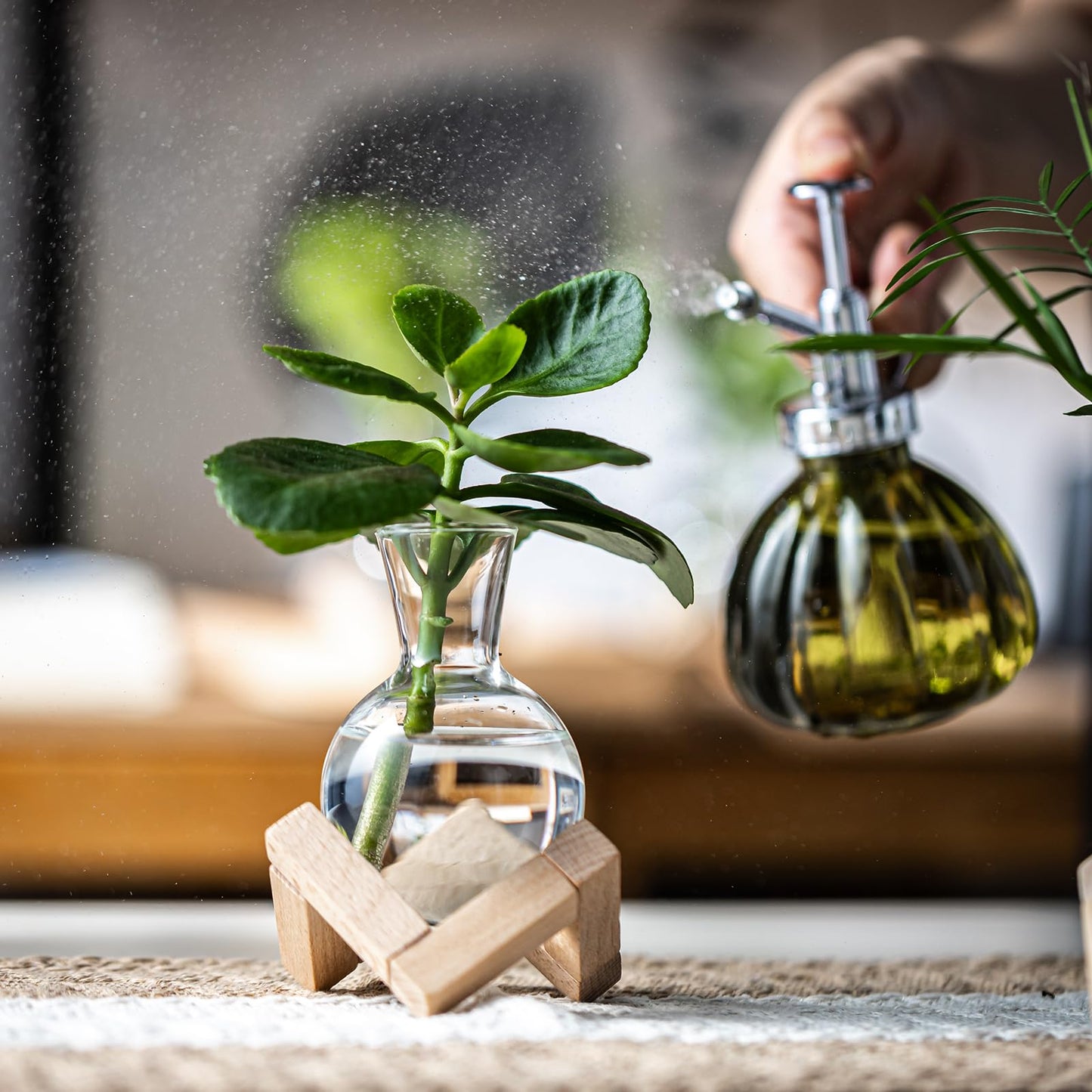 Plant Propagation Station, Desktop Flower Vases-Plant Terrarium with Wooden Stand, Tabletop Bulb Glass Vase for Living Room,Hydroponics Home Office Decoration Cu(4pcs)