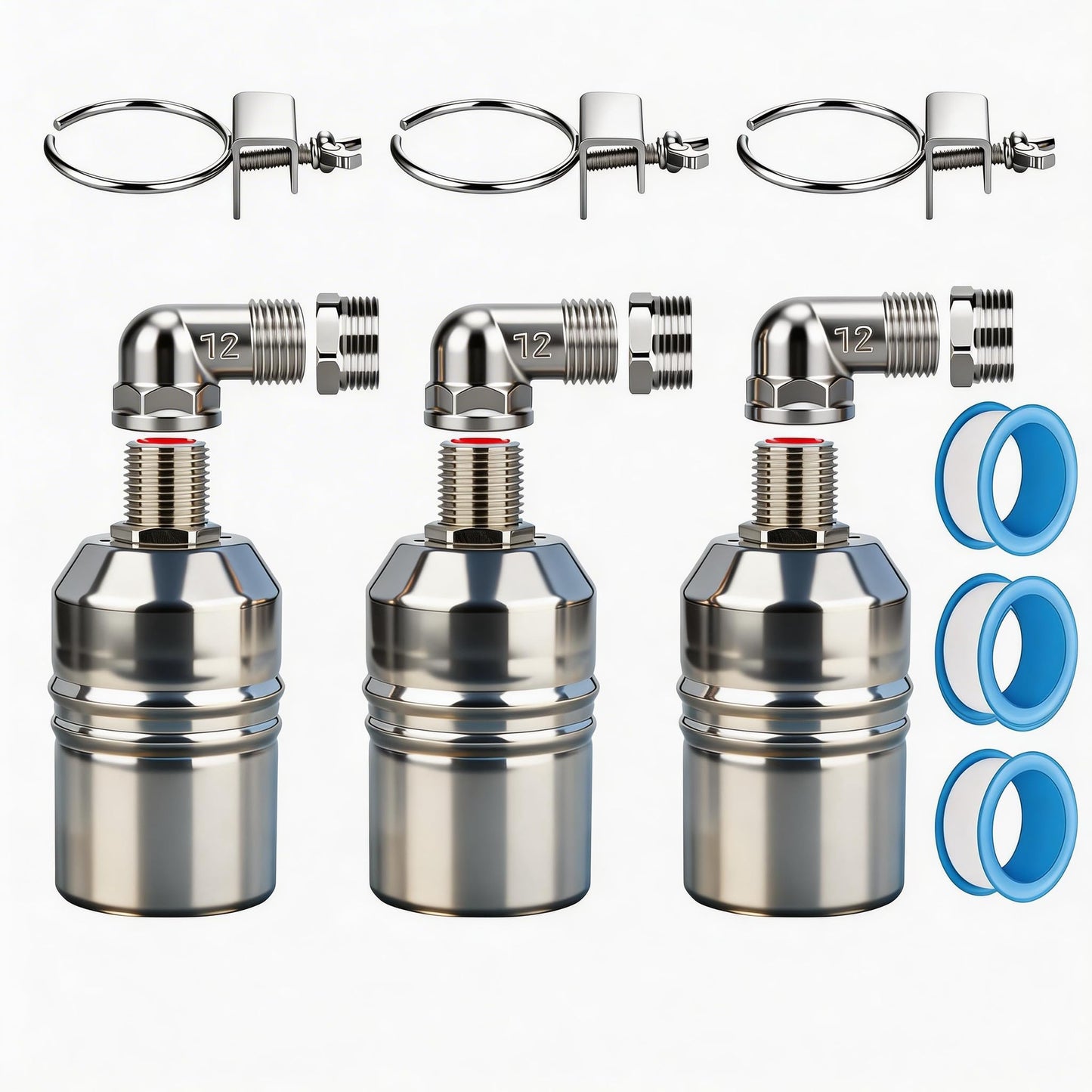 1/2“ 304 Stainless Steel Automatic Water Level Control Float Valve for Water Tank, Cattle Trough, Pools, Livestock (With Elbow, Metal Clip, 1/2" to 3/4" adapter) (3-Pcak)