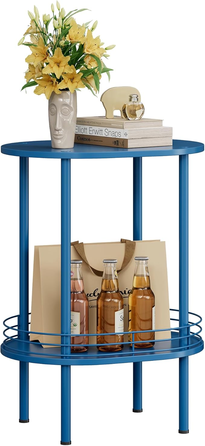 DGSANDGO Blue Oval Side Table, Side Tables Living Room, 2-Tier Nightstand