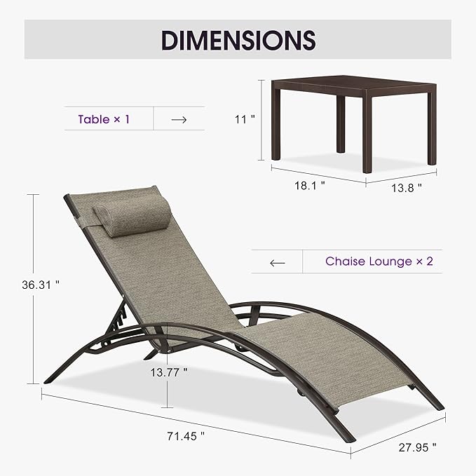 PURPLE LEAF Outdoor Oversized Chaise Lounge Chair Set of 3 Patio Pool Lounger