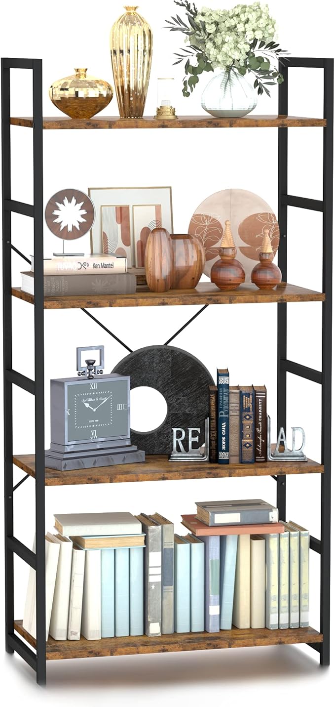 NUMENN 4 Tier Bookshelf, Tall Bookcase Shelf Storage Organizer, Modern Book