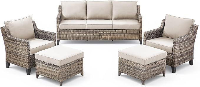 5 Pieces Outdoor Furniture-High Back Outdoor Wicker Couch Patio Chairs Set of 2