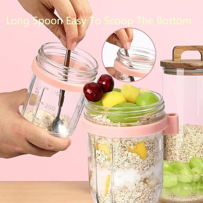 Glass Overnight Oat Containers with Lids & Spoons 10 oz Clear Mason Overnight Oats Jars with Measurement Marks Airtight Leak-Proof Cereal, Milk, Vegetable and fruit Salad Storage Container 2 Packs