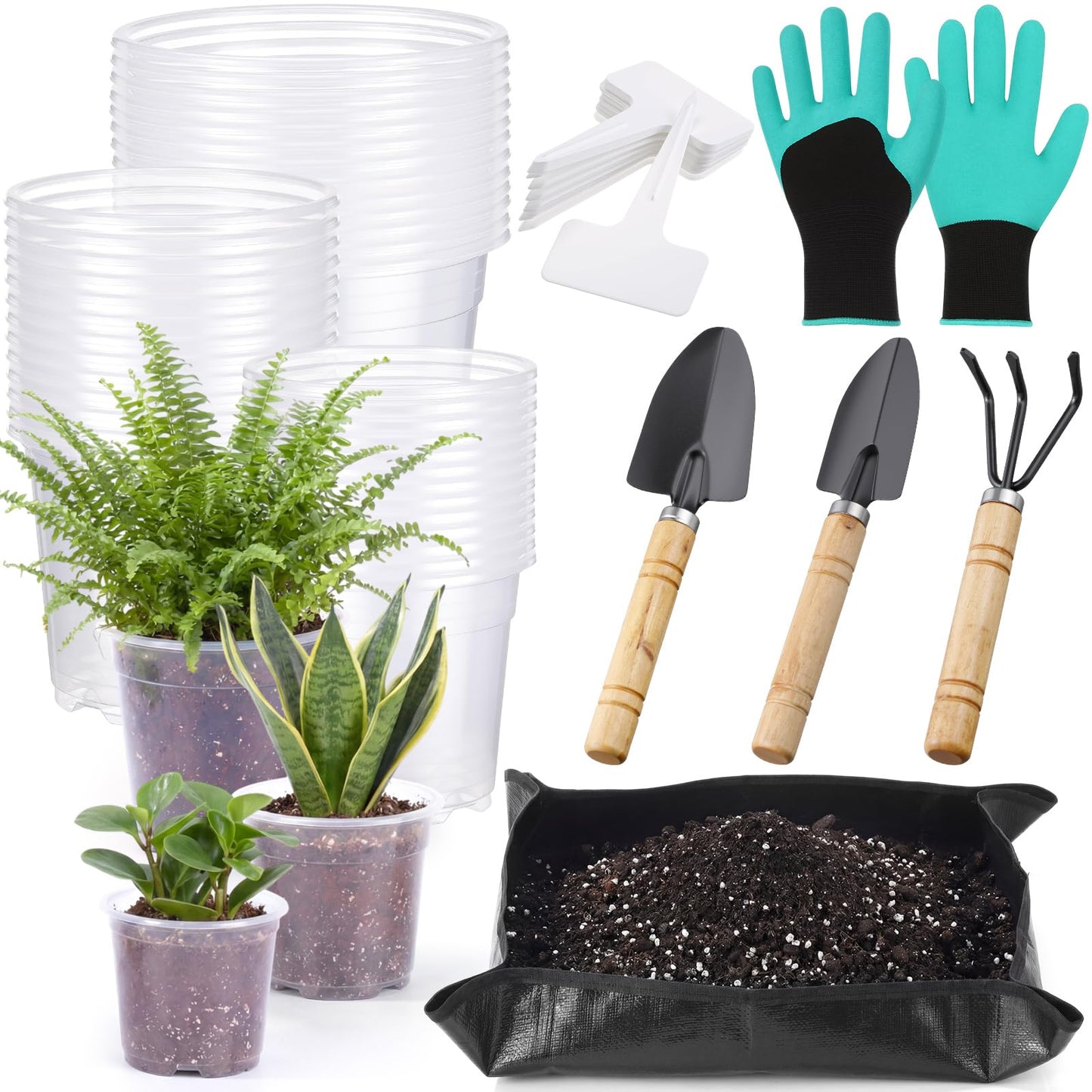 Yiyiring 83 Pcs Garden Supplies Tools Kit, 5/6/7 Inch Clear Plastic Plant Pots with Transplanting Mat, Trowel Cultivator Rake Set, Label & Glove, Succulent Tools Gift for Plant Lovers Accessory